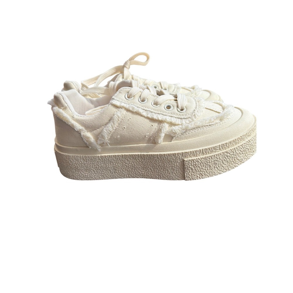 Pacogil Kids Cream Canvas‎ Frayed Platform Sneakers Low Top Distressed Shoes